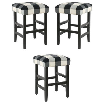 Home Square 24.5" Square Fabric Plaid Pattern Counter Stool in Black - Set of 3
