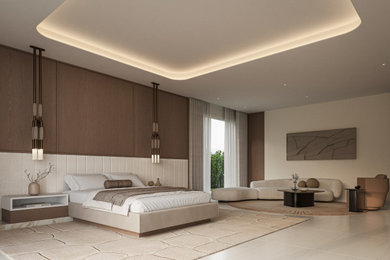 Example of a large minimalist master marble floor, beige floor and wood wall bedroom design in Miami with brown walls