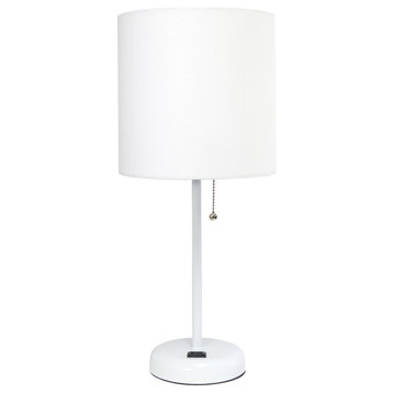 Limelights White Stick Lamp With Charging Outlet and Fabric Shade
