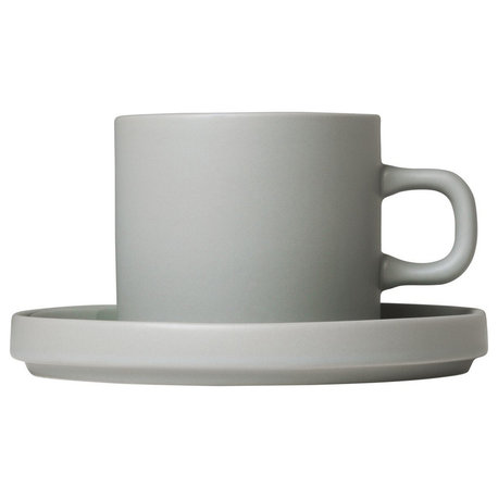 Pilar Coffee Cups With Saucers, Set of 2, Mirage Gray