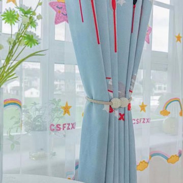 Fashion Children Chenille Embroidered Cute Astronaut Blue Custom Made Curtains