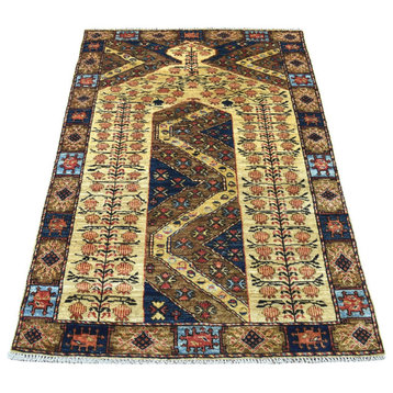 Brown Prayer Design Afghan Ersari Hand Knotted Pure Wool Oriental Rug, 3'4"x5'1"