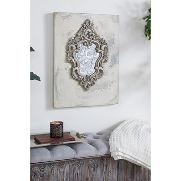 Large Gray and Beige Antique Frame with Damask Print Wooden Wall Plaque