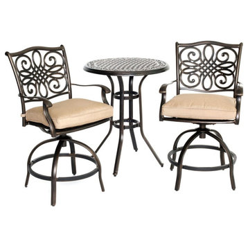 3 Pieces Patio Bistro Set, Swiveling Cushioned Chairs With Rounded Table, Tan