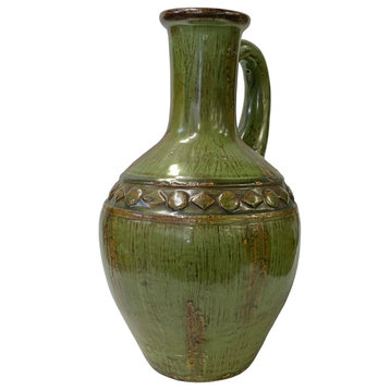 Brown Olive Green Ceramic Geometric Pattern Jar Shape Vase Hws3272