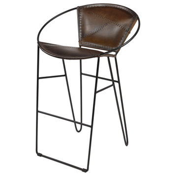 Tall Brown Leather Bar Stool With Geometric Black Iron Frame and Footrest