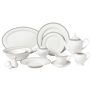 57 Piece Silver Border Porcelain Dinnerware Set-Service for 8-Alyssa