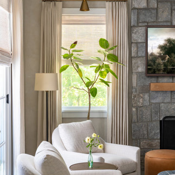 Family Room with Flat Panel Molding Wall in Deep Slate Blue and Neutral Lime Pai