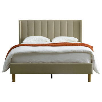 Modern Platform Bed, Flannel Upholstered Wingback Headboard, Beige/King