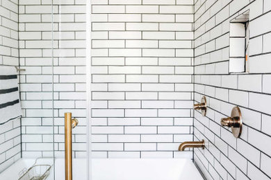 Bathroom - mid-sized modern master white tile and ceramic tile cement tile floor, black floor and single-sink bathroom idea in Other with shaker cabinets, light wood cabinets, a one-piece toilet, white walls, a vessel sink, quartz countertops, white countertops and a built-in vanity