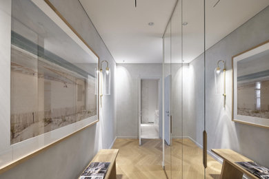 Entryway - contemporary light wood floor and beige floor entryway idea in Other with gray walls