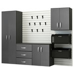 Flow Wall - 6-Piece Deluxe Cabinet Set Professional Organization System, White/Silver Carbon - This wall mount cabinet set is a convenient storage solution for your work area in the garage, laundry room, craft room and more. Wall storage makes it easy to clear items up off the floor and put them behind closed doors for a sleek space. Our easy to install system allows you to customize your space for your personal organization needs.