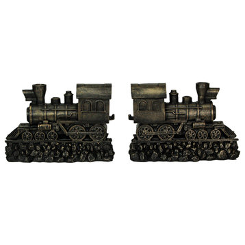 Set of 2 Bronze Steam Locomotive Bookends Decorative Resin Train Shelf Decor Ar