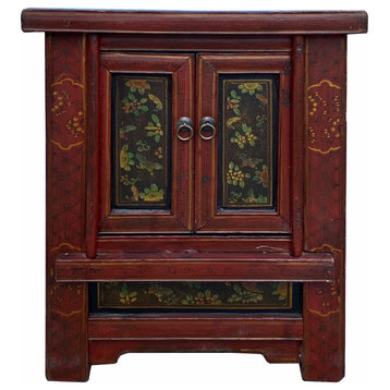 Chinese Vintage Brick Red Flower Graphic End Table Nightstand Hcs7070