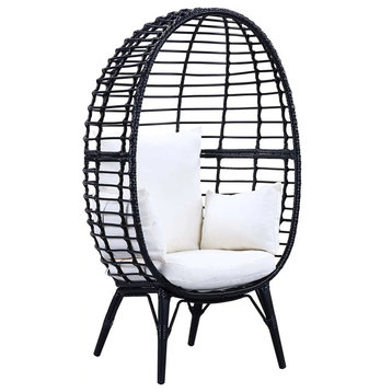 Contemporary Patio Lounge Chair, Black Rattan Covered Frame With Cushioned Seat