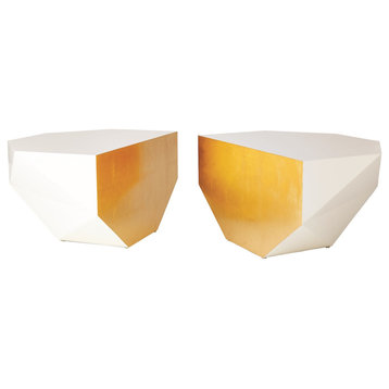 Luxe Ivory White and Gold Broken Gem Faceted Coffee Table 2 Piece Set Oval