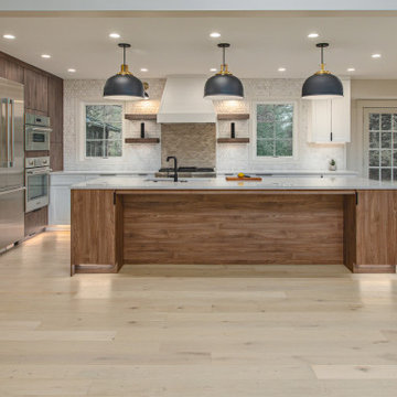 Natural Harmony: Open Concept Kitchen with Wood Island and Open Shelves