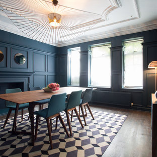 Design ideas for a transitional separate dining room in London with blue walls, dark hardwood floors, a standard fireplace and a plaster fireplace surround.