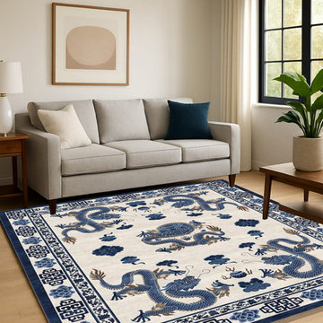 Tibetan Wool Rug Hand-Knotted Blue & White Chinese Dragon Design 9x12, 10x14, 12