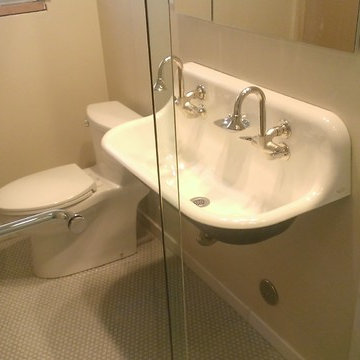 BATHROOM - Calcutta Gold Marble Shower / Gray Penny Tile Floor