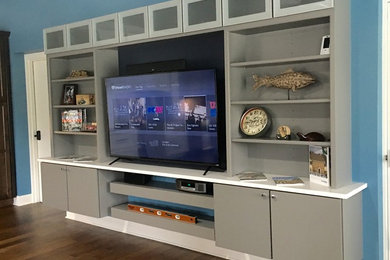 Example of a large minimalist open concept dark wood floor living room library design in Other with blue walls, no fireplace and a tv stand