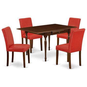 5Pc Dining Set For 4, 4 Chairs, Firebrick Red Color Pu Leather, Drop Leaf Table