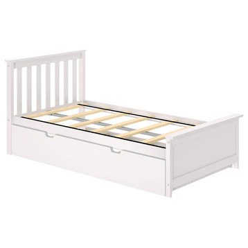 Modern Twin Bed With Trundle, Pine Wood Frame With Slatted Headboard, White