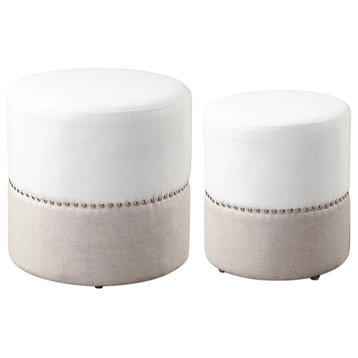 2-Piece Midcentury Modern Round Two Tone Ottoman Set, Nesting Drum Nailhead Whit