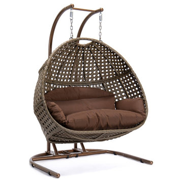 LeisureMod 2 Person Beige Wicker Double Hanging Egg Swing Chair, Dark Brown