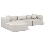 Meridian Furniture - Cube Upholstered Modular Sectional, Cream, 4-Piece: 1 Armless Chair, 2 Corner Chair, 1 Ottoman, Vegan Leather - Elevate your space with the luxurious Cube Vegan Leather Modular Sectional. This modular sectional exudes modern elegance, charm, and comfort making it a perfect addition to any contemporary living space. Its clean lines and cube shape are reminiscent of minimalist design, while the plush cream vegan leather upholstery adds a touch of luxury and sophistication. The chair's versatile construction and geometric aesthetic seamlessly integrate into various design styles, from sleek living rooms to chic home offices, embodying the essence of modern design and creating a sense of order and tranquility in your space.