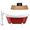 62" Clawfoot Red Tub, Faucet and Tray Set, White Feet, Chrome External Drain