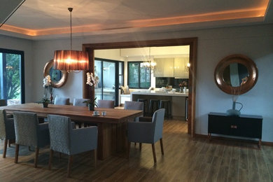 This is an example of a contemporary dining room in Other with porcelain floors and brown floor.