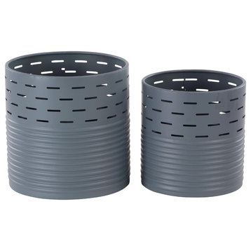 Modern Pierced and Ribbed Design Cylindrical Iron Planters, 2-Piece Set, Gray