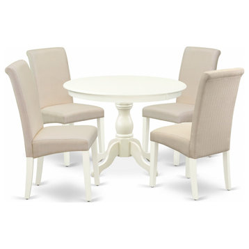 5-Piece Dining Set, Linen White Round Table, 4 Cream Chairs, Linen White