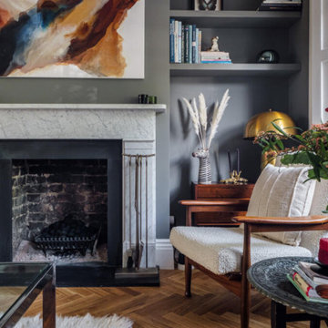 Built-in shelves on either side of the fireplace