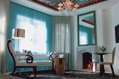 Large ornate dark wood floor bedroom photo in Phoenix with white walls, a standard fireplace and a stone fireplace
