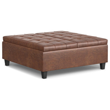 Harrison Large Square Coffee Table Storage Ottoman, Distressed Saddle Brown