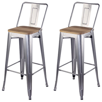 Metal Silver Bar Stools With Middle Back Light Wooden Seat, Set of 2