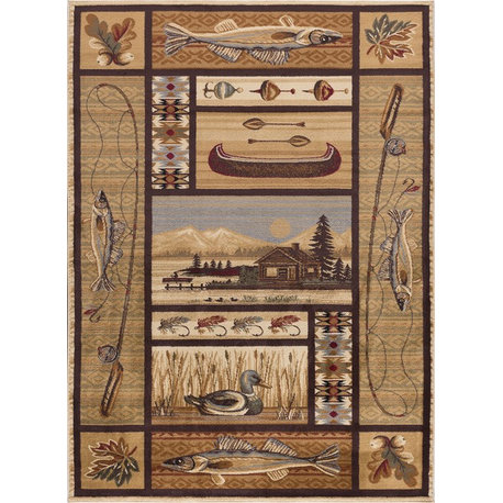 Lodge Retreat Novelty Lodge Pattern Beige Rectangle Area Rug, 5'x7'