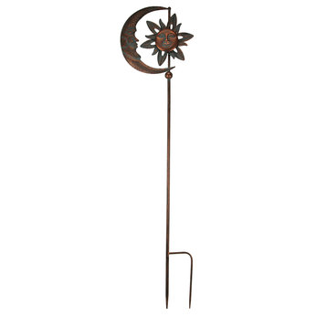 Verdigris Patina Copper Finish Celestial Sun and Moon Wind Spinner Garden Stake