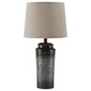 Ribbed Design Metal Body Table Lamp With Tapered Fabric Shade,Set of 2,Gray