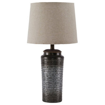 Ribbed Design Metal Body Table Lamp With Tapered Fabric Shade,Set of 2,Gray