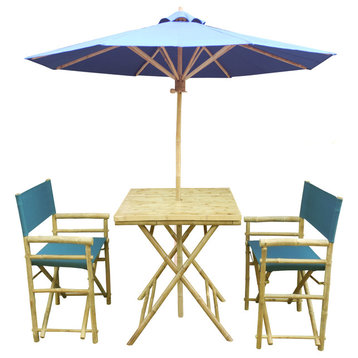 Set of Bamboo Square Table, 2 Director Chair, 1 Umbrealla, Navy