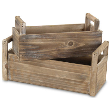 Distressed Wooden Ledge Planters With Handles, Set of 2