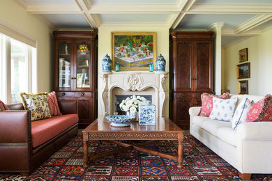 Living room - mediterranean formal living room idea in Salt Lake City with yellow walls and a standard fireplace