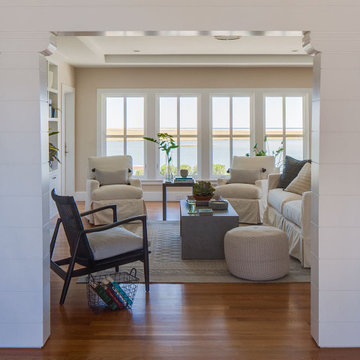 Waterfront Living Room with Interior Columns - Arrowhead Point - Cape Cod, MA -