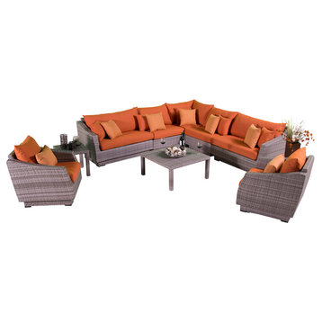 Cannes 9 Piece Sunbrella Outdoor Corner Sectional and Club Chair Seating Set, Tikka Orange