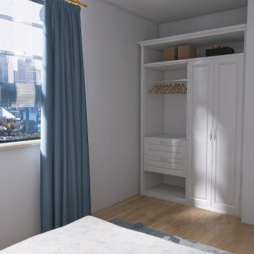 Custom Built-In Bedroom Closet with Soft-Closing Drawers and Open Shelving