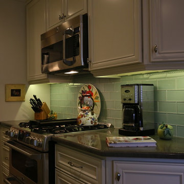 Transitional Galley Kitchen Remodel | Soft-White Cabinets & Glass Tile Backsplas