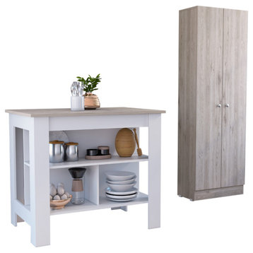 Ontario 2-Piece Kitchen Set, Kitchen Island & Pantry Cabinet, White/Light Gray